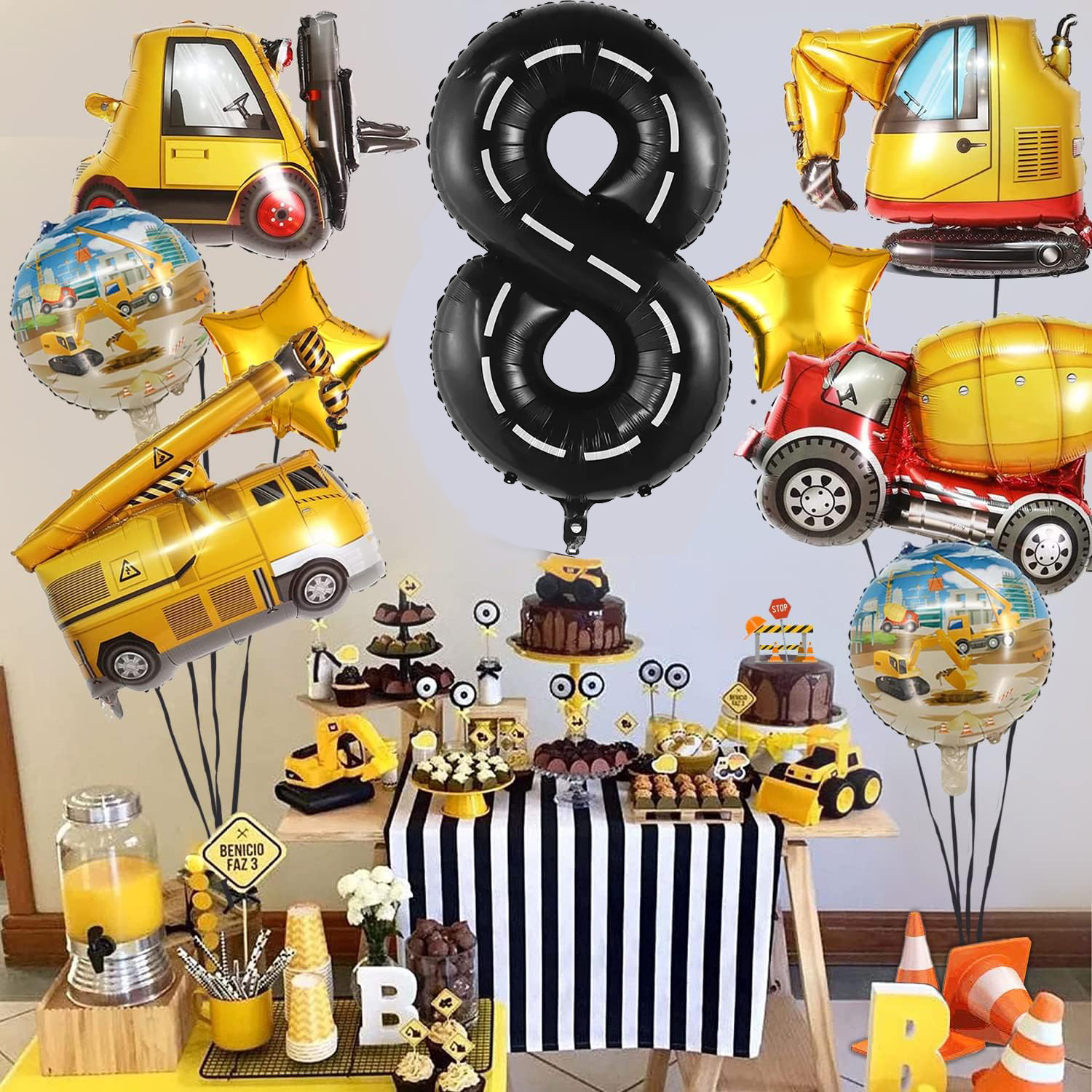 (9-tlg. Set) Zahlen Ballon Kinder Geburtstags Party Folienballon - Zahl 8 / Baustelle