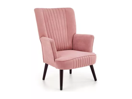 Fauteuil contemporain en velours rose avec haut dossier et pieds noirs en bois massif CYRUS