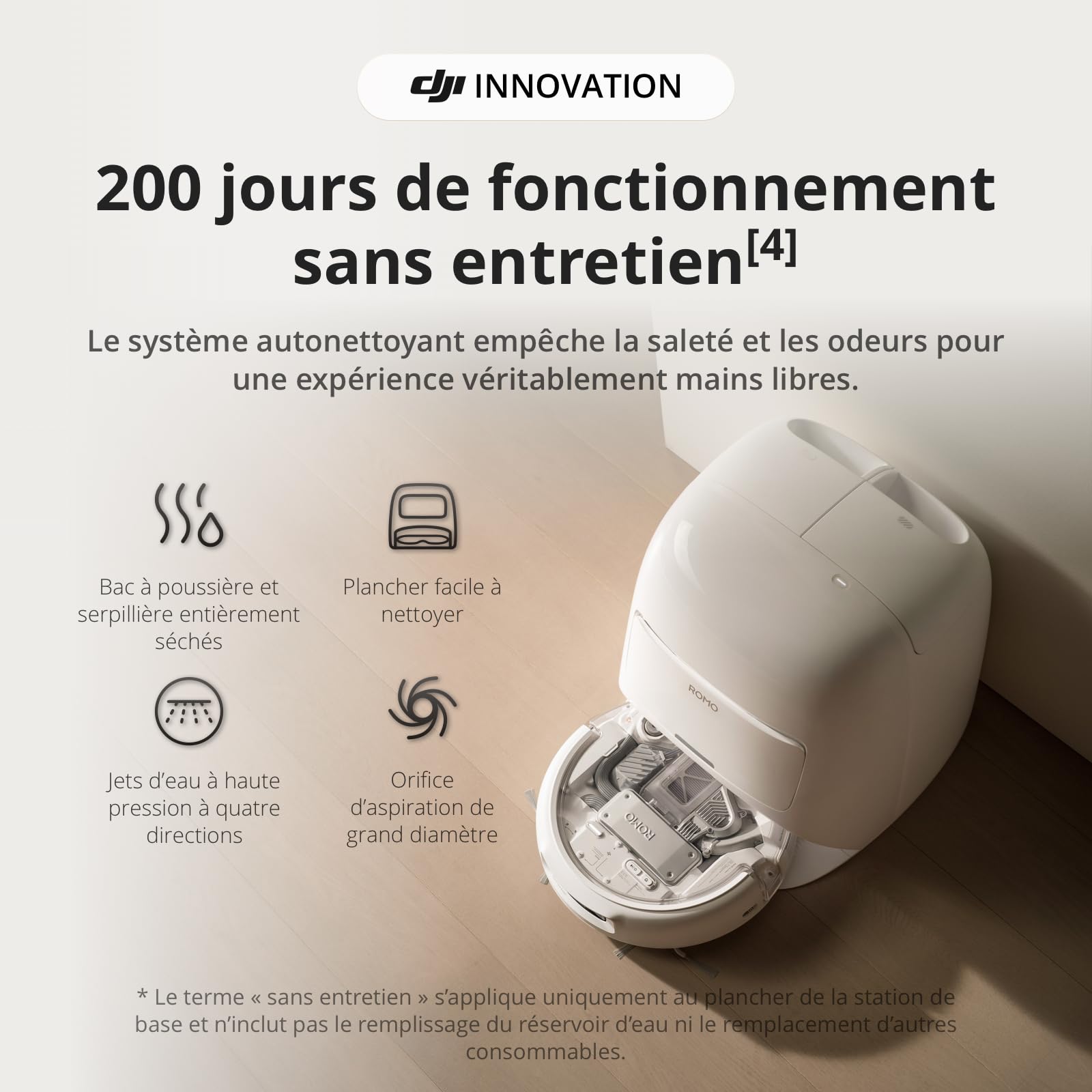 DJI ROMO S Robot Aspirateur Laveur, Aspirateur Robot de 25 000 Pa, détection de Niveau Drone, Deux Bras robotiques, 200 Jours sans Maintenance, Lavage