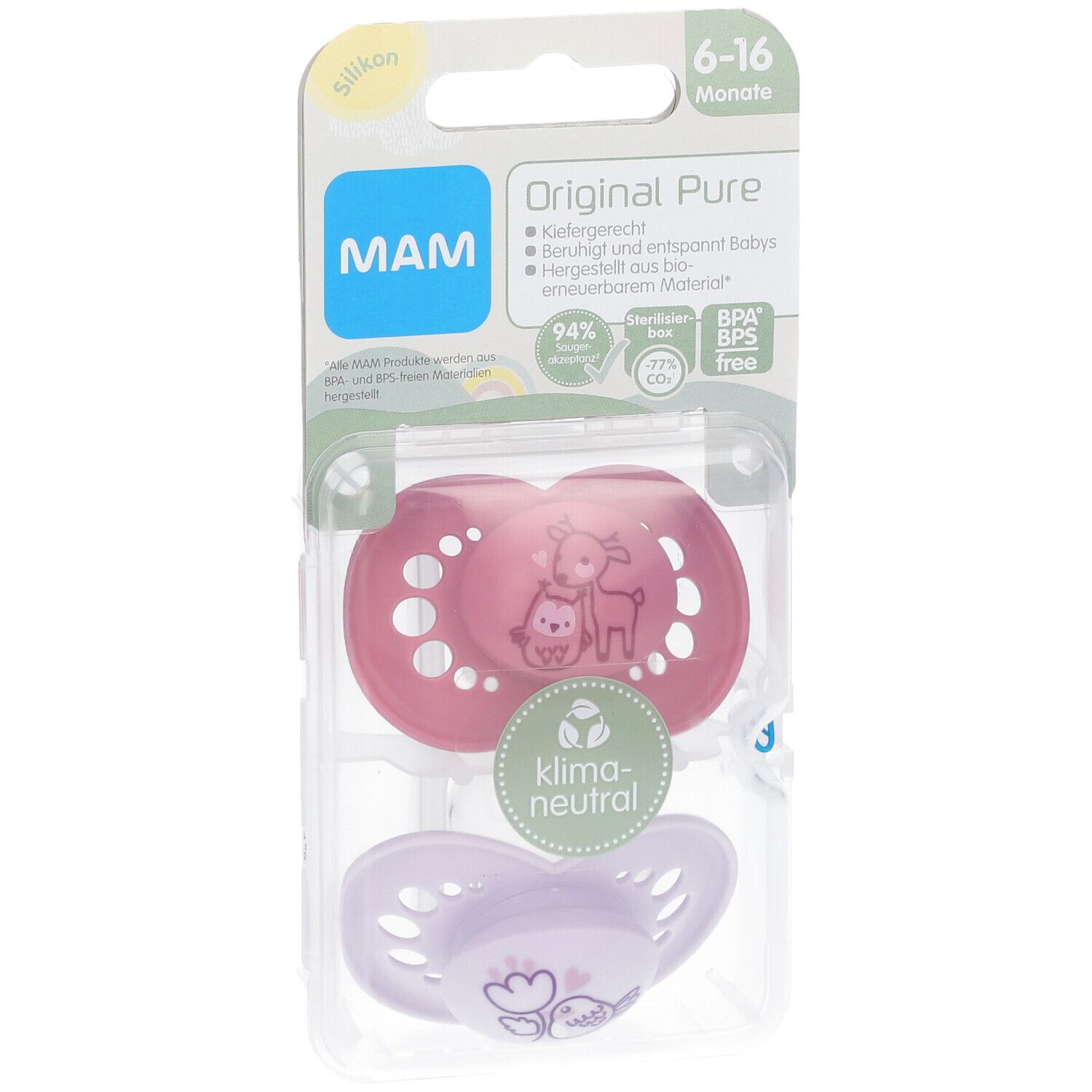 MAM Original Pure Silikonschnuller 6-16 Monate, Reh/ Vogel