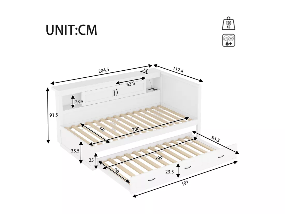 Lit banquette 90x200cm avec LED et prises - avec un lit gigogne 90x190cm - Blanc
