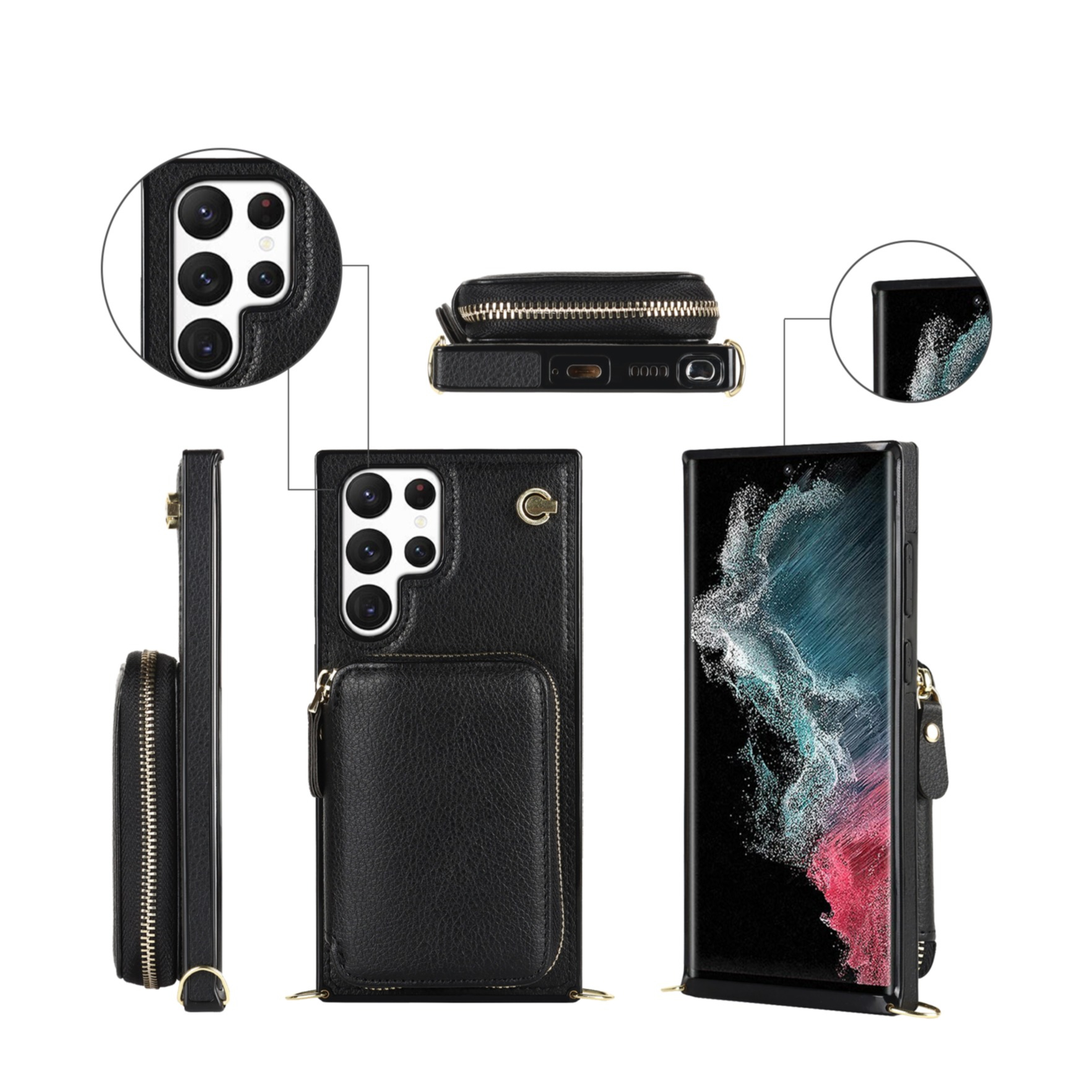 Samsung Galaxy S23 Ultra 5G Necklace Leder Schutz Hülle mit Kartenfächer   Handykette (140cm) - Schwarz