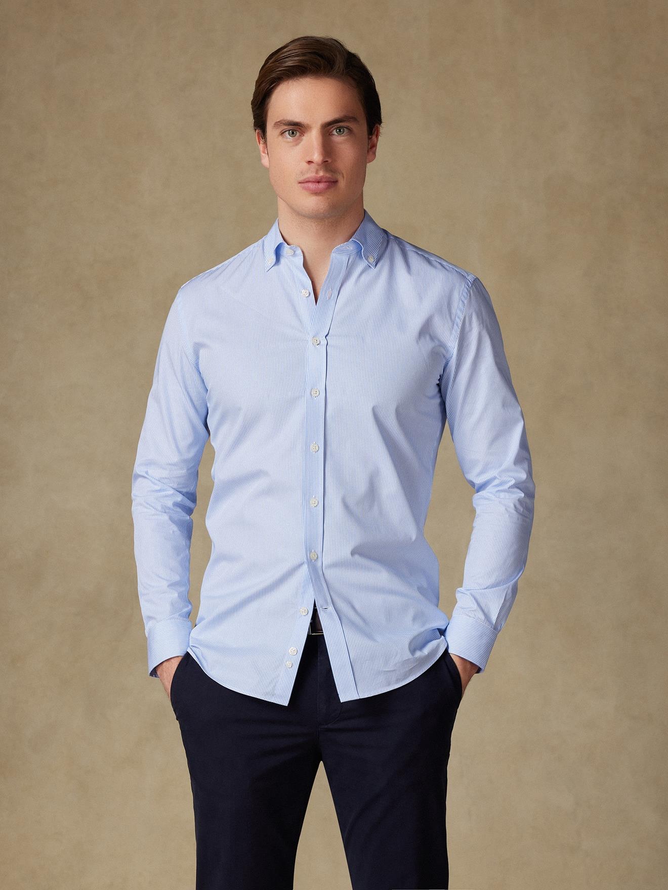 Chemise cintrée Menthon à rayures ciel - Col Boutonné