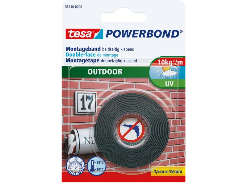 tesa Montageband Powerbond Outdoor ohne Bohren - 1.5m x 19 Doppelseitiges Montageband, Aussenbereich, Wasserfest, stark, UV-beständig