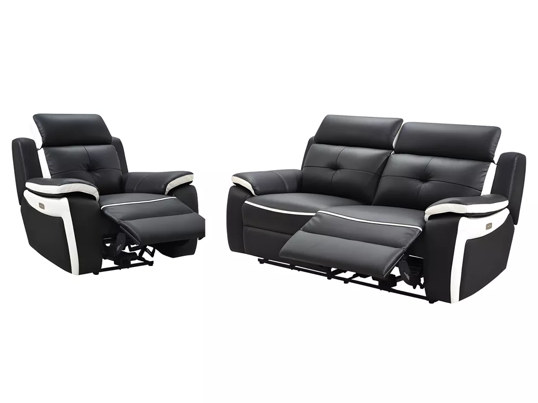 Canapé 3 places et un fauteuil relax électrique en cuir ANGELIQUE - Noir/blanc