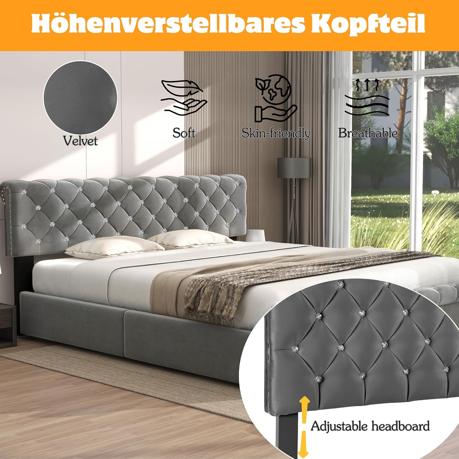 Merax Polsterbett 180 x 200cm, Hydraulisch Doppelbett mit Lattenrost & Bettkasten, Funktionsbett mit Verstellbares Kopfteil, Samt Continentalbett, für Erwachsene&Jugendliche, ohne Matratze, Grau