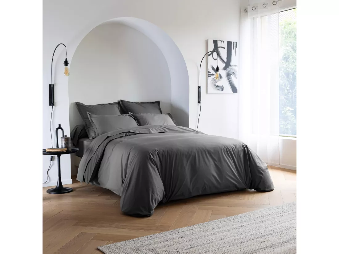 Parure de lit coton percale Anthracite 260x240 - SOMEO - MORPHEE