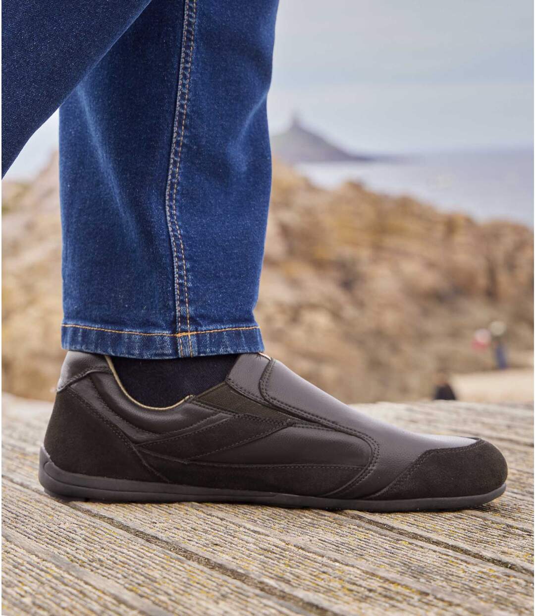 Mocassins Élastiqués en Croûte de Cuir Marron