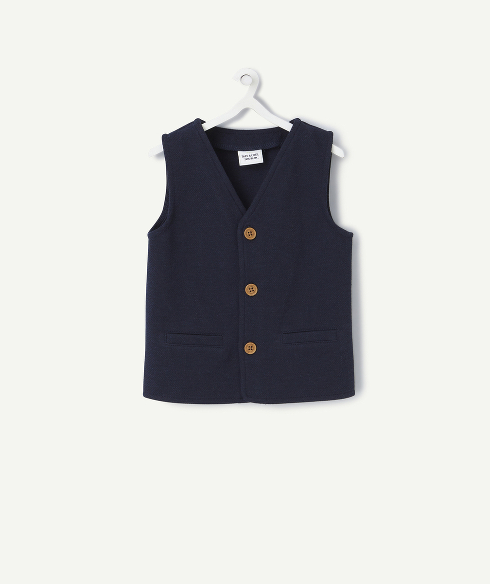 VESTE DE COSTUME SANS MANCHES BÉBÉ GARÇON BLEU MARINE BOUTONS EFFET BOIS