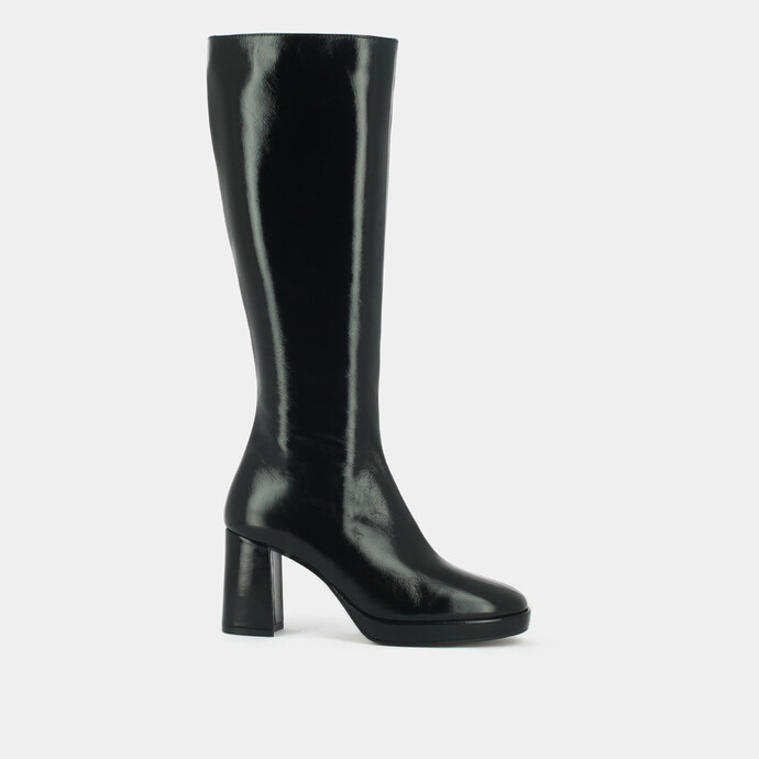 Bottes hautes à talons et plateformes  en cuir brillant noir