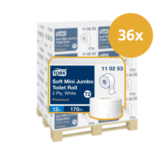 Tork 110253 Premium Toiletpapier Mini Jumbo 2-lgs wit 170 mtr x 10 cm doos à 12 rol/850 vel Pallet afname (110253P)