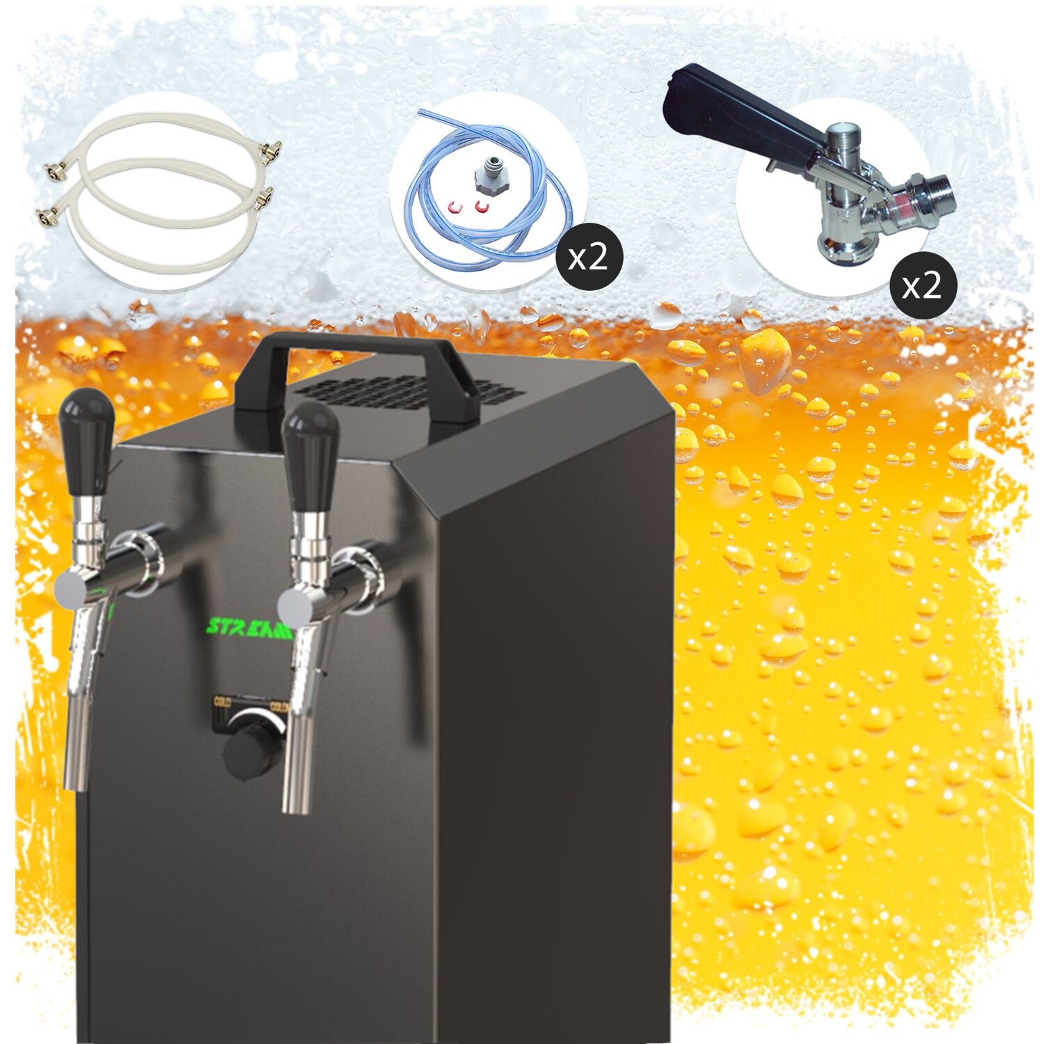 Komplett Set - Zapfanlage, Bierzapfanlage STREAM 50K mit Luftpumpe Bierkoffer, Durchlaufkühler 2-leitig Trockenkühler, bis zu 55 Liter/h - BLACK EDITION, Zapfkopf:Köpi,Zapfkopf 2:Korb