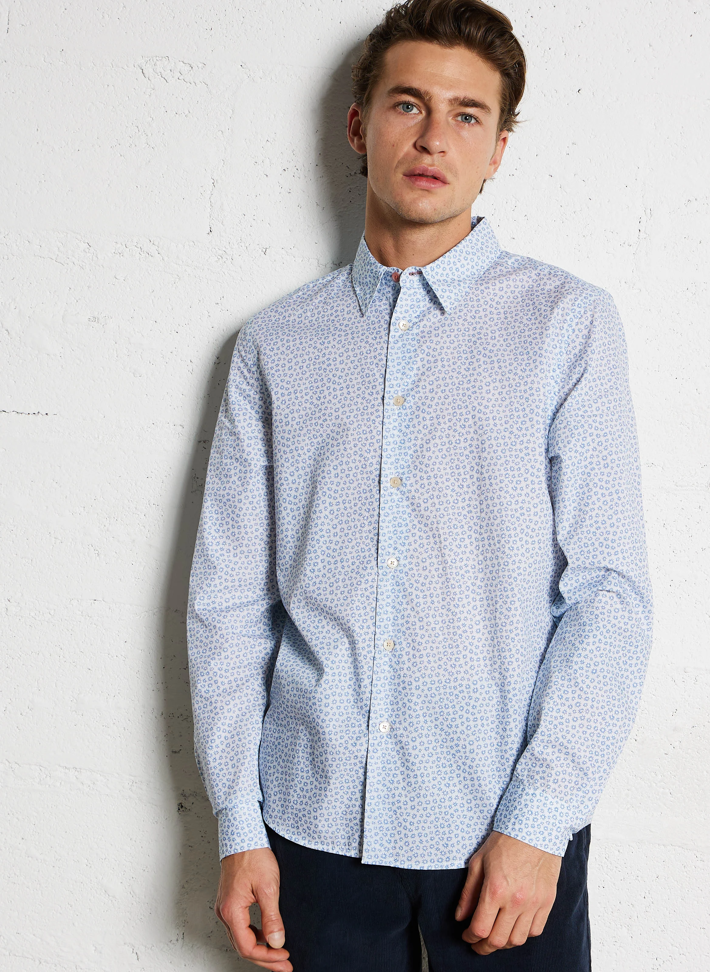 Chemise ajustée imprimée en coton| Bleu