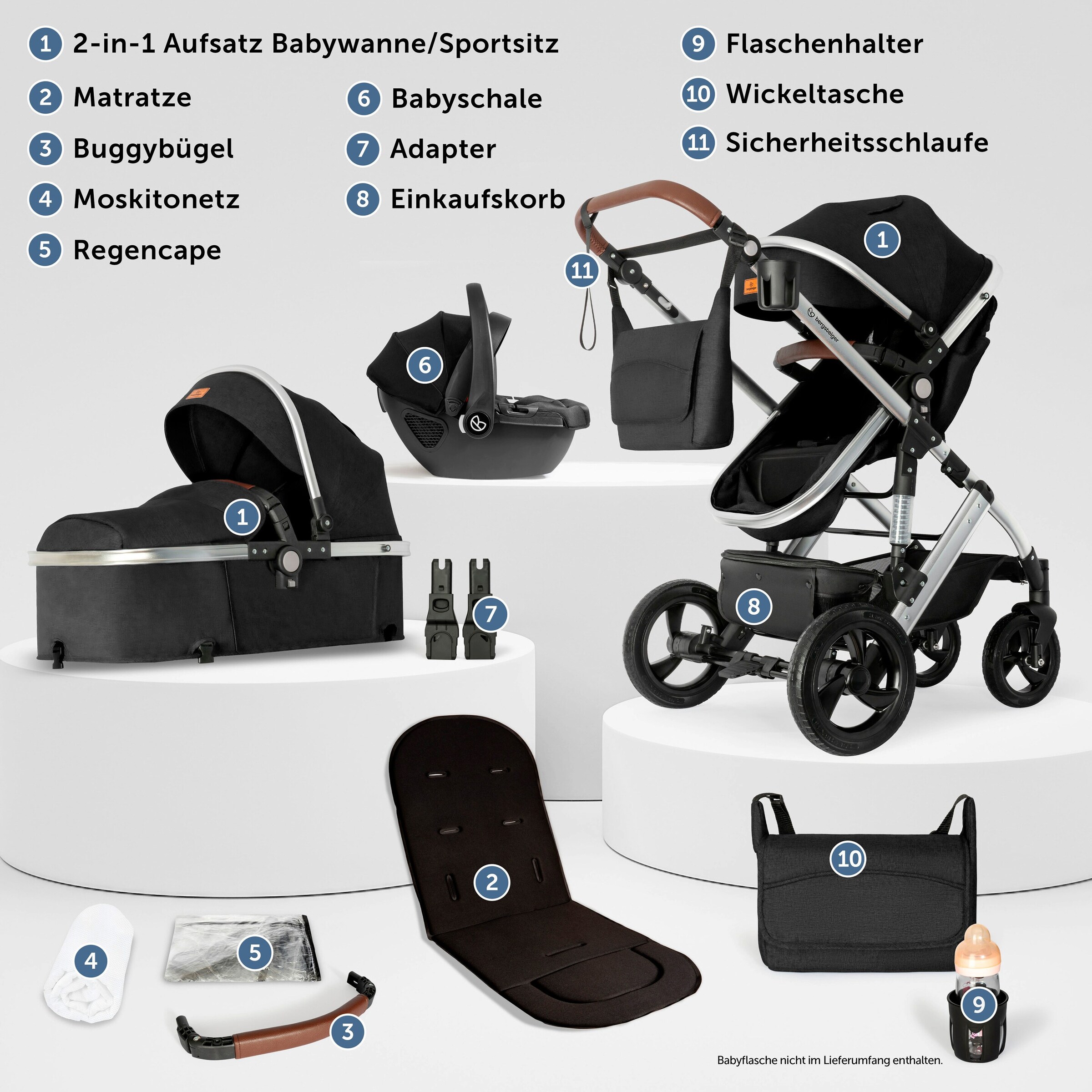 Bergsteiger Kinderwagen Nizza + Babyschale black | Gestell: silver