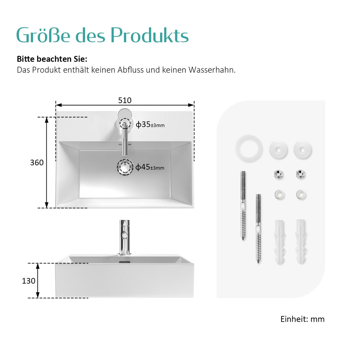 EMKE Opzetwastafel, keramische wastafel met kraangat, modern design voor de badkamer, 515 x 360 x 130 mm, wit
