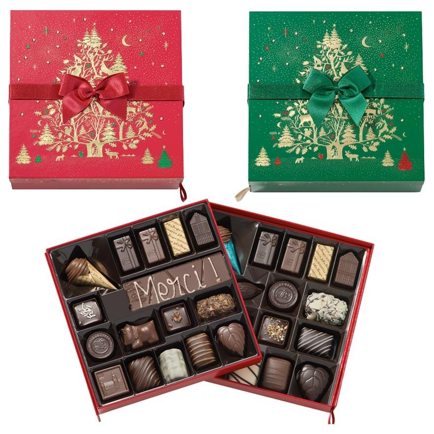Boite carré sapin merveilleux 33 chocolats et sa barre lait ou noir