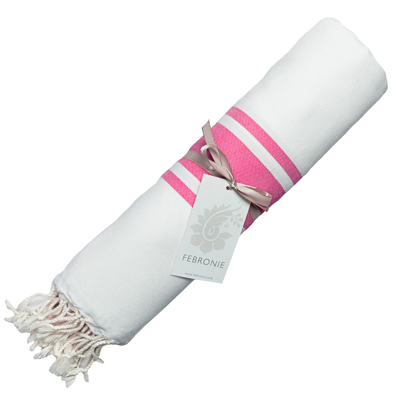 Febronie Fouta Traditionelle St Tropez blanc/rose fuschia  - 100x200 cm