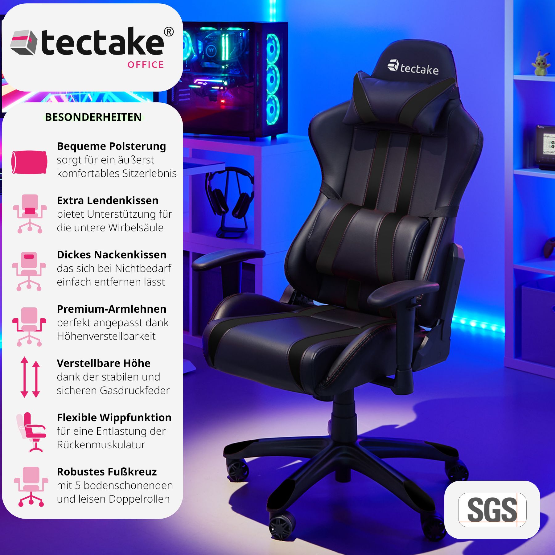tectake® Racing Gaming Stuhl, ergonomische Form, mit verstellbarer Rückenlehne, Kunstlederbezug, abnehmbares Nacken- und Lendenkissen, Belastbarkeit 120 kg