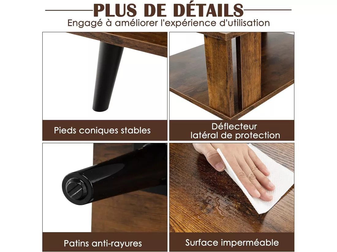 Table basse à 2 niveaux, table d'appoint industriel 4 jambes patins antidérapants 70 x 50 x 41 cm