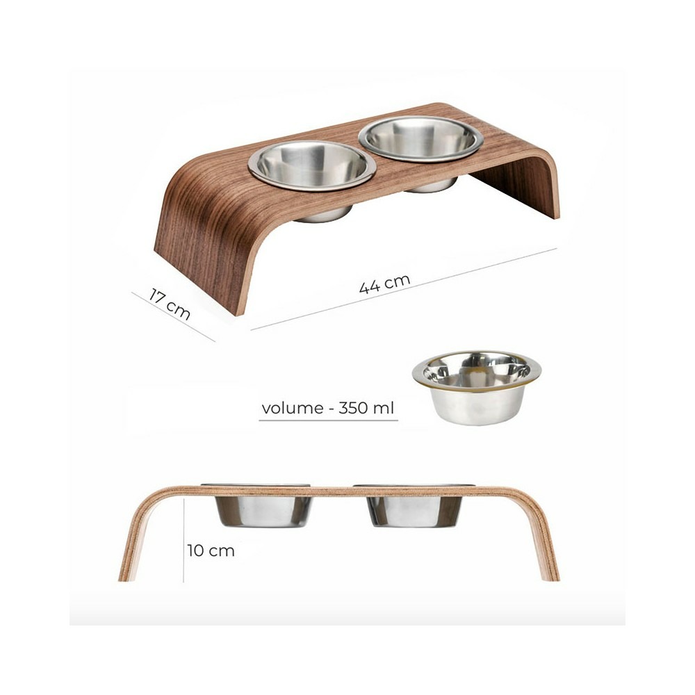 Gero - set de 2 gamelles surélevées en acier, socle bois noyer