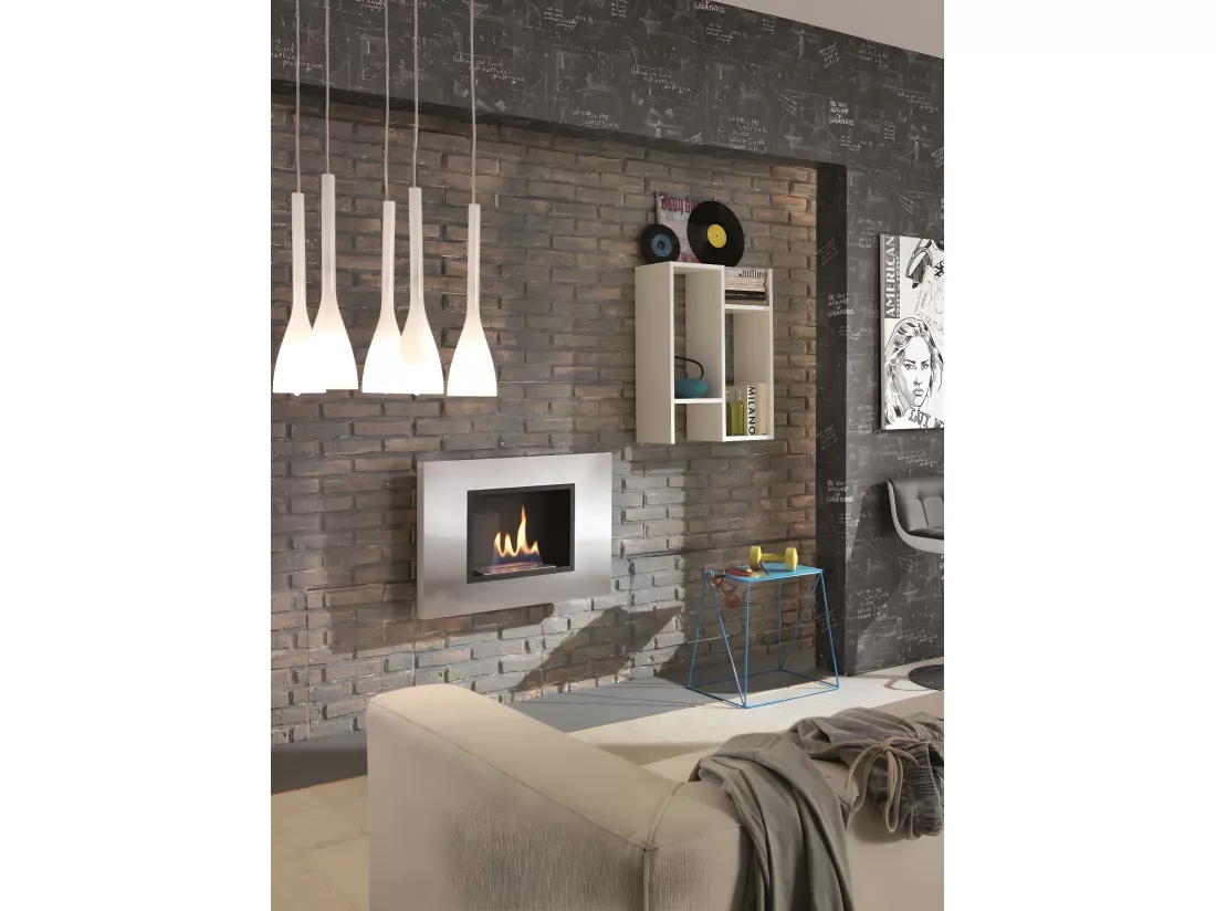 Bio-cheminée murale au bioéthanol design gris chrome 78 x 17 xh 54 cm