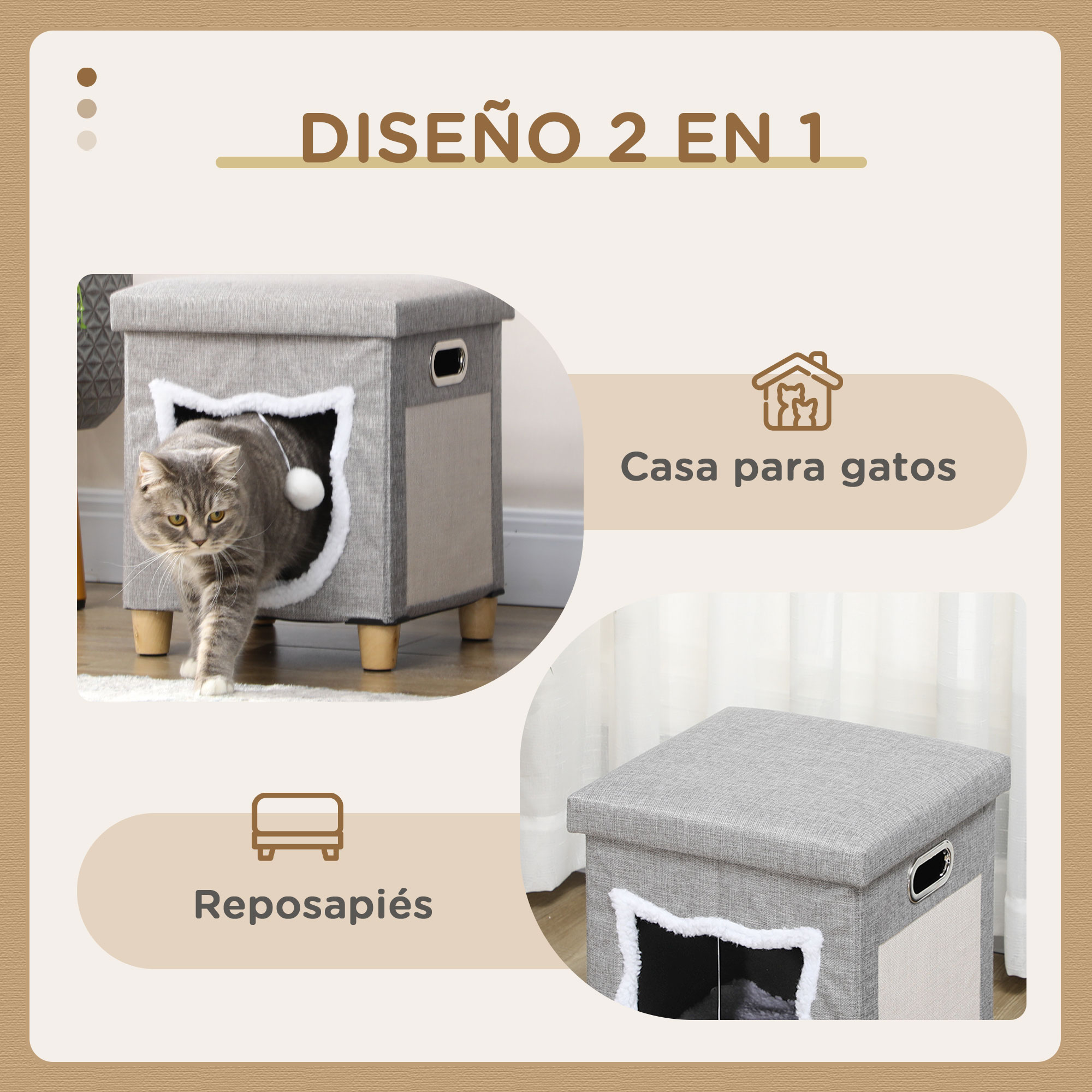 Cama-caverna 2 em 1 PawHut para gatos, casinha para gatos de interior, tipo apoio para os pés com almofada removível, bola pendurada e arranhador, 35,5 x 35,5 x 42,5 cm, cinza.