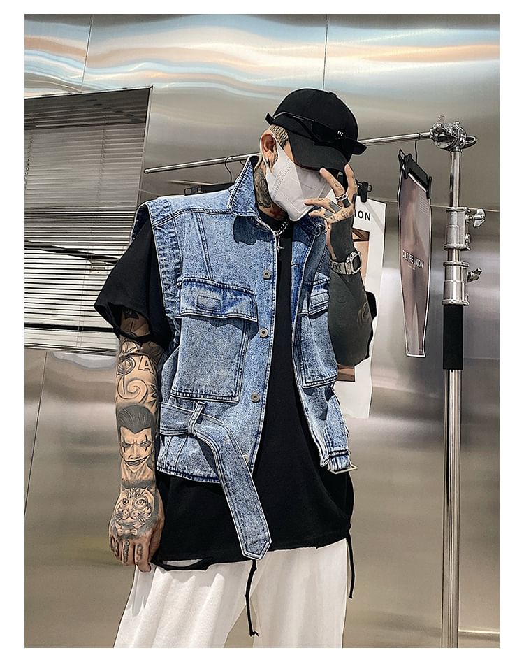 WidoWilder - Gewassen denim vest met kraag en knopen