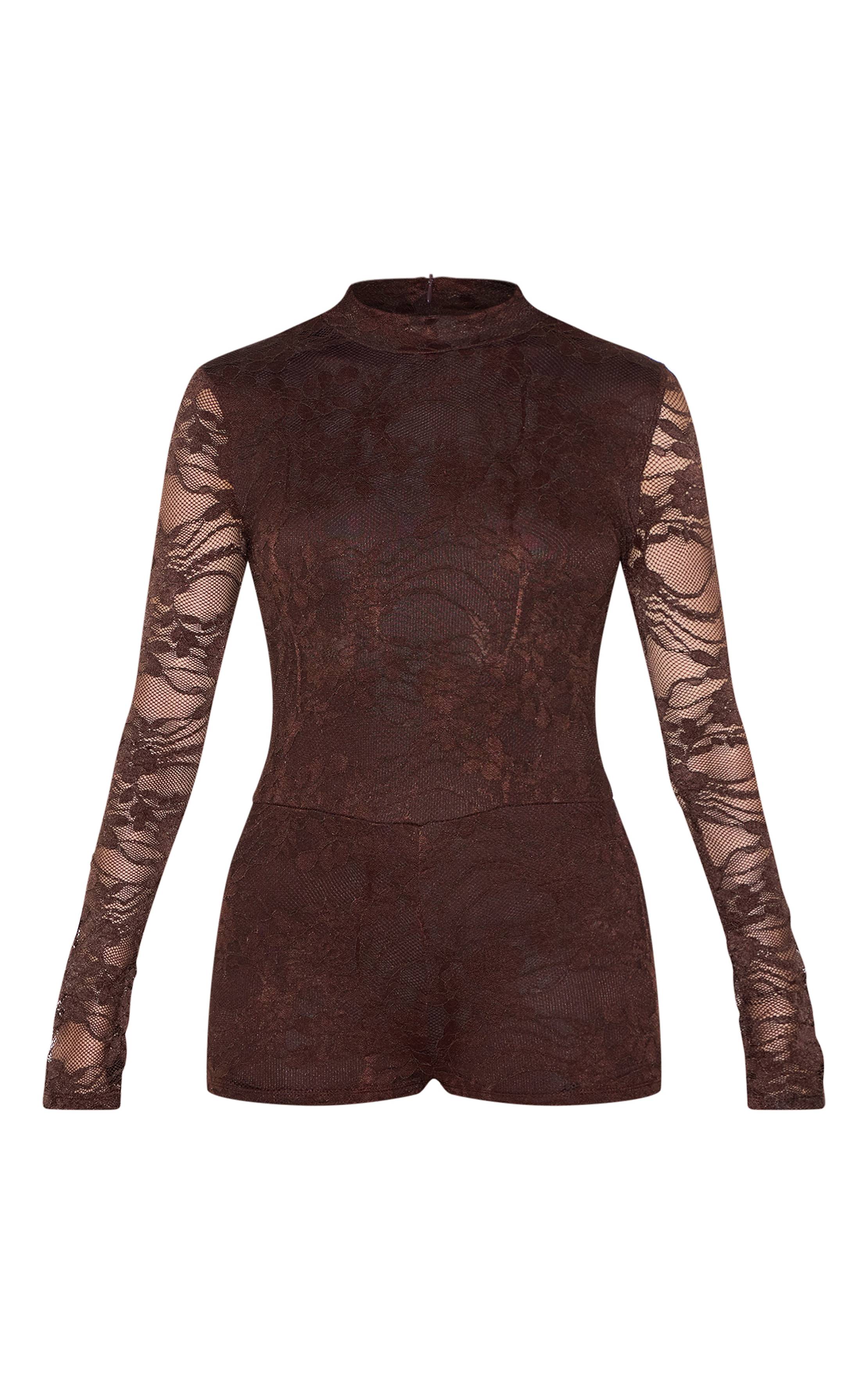 Chocolat Combi-short En Dentelle Chocolat À Manches Longues Et Col Bateau