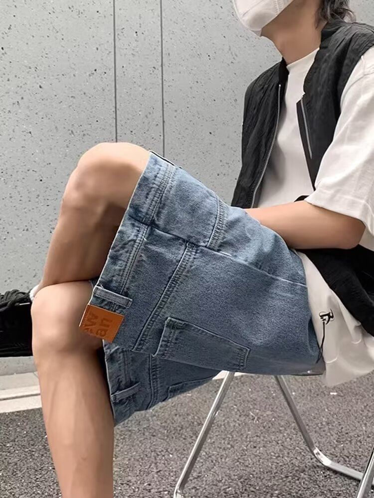 Cowpow - Mid Rise Washed Panel Denim Shorts