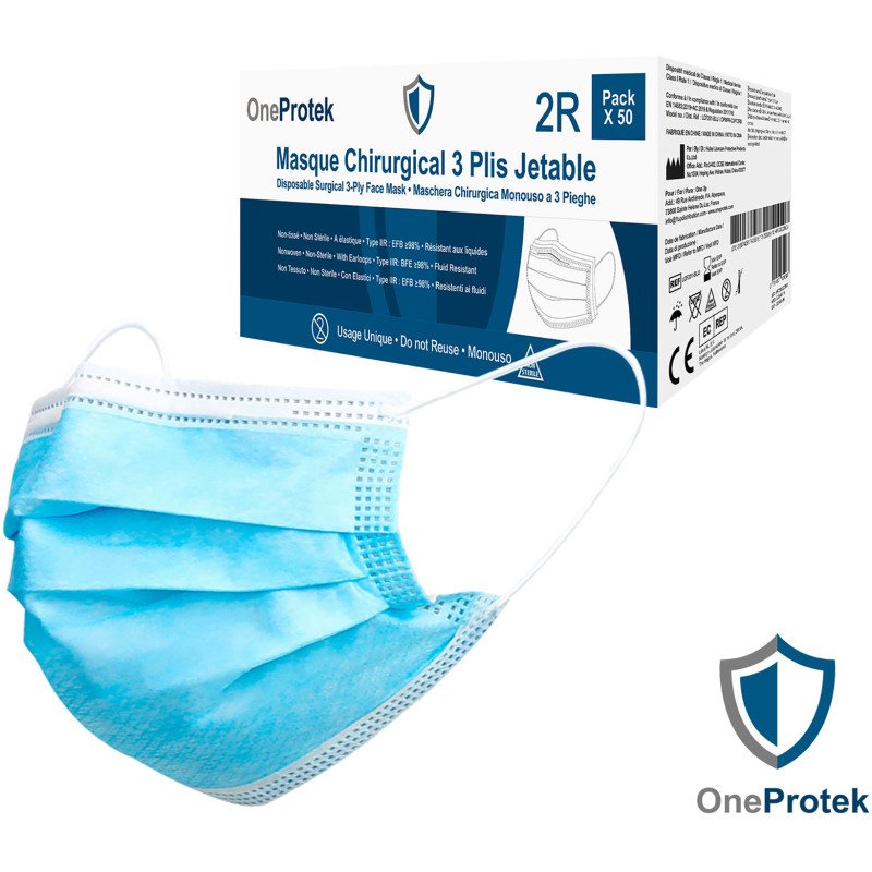 Masque chirurgical 3 plis - Type IIR, bleu