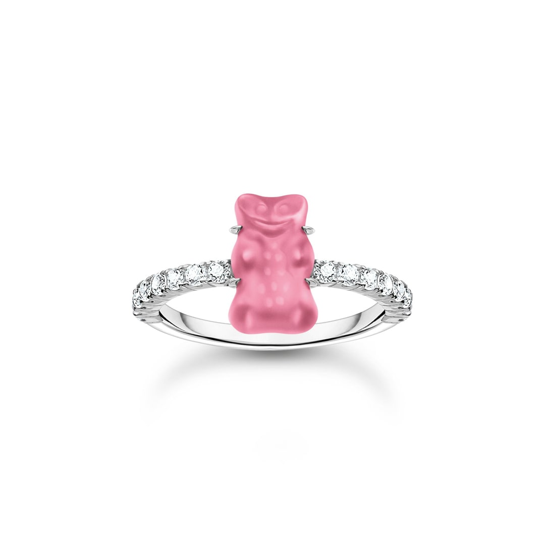 Thomas Sabo x HARIBO Ring mit pinkem Mini-Goldbären und Steinen Silber