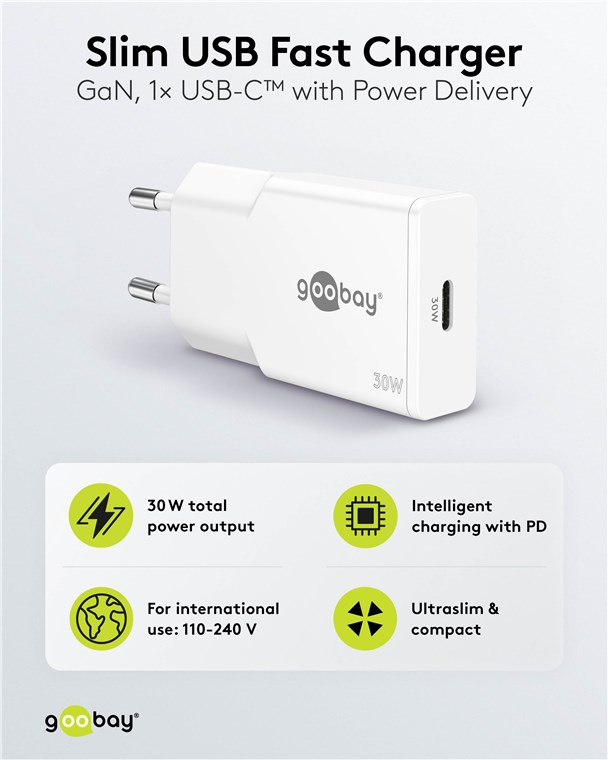 (30W) Slim USB C GaN Ladegerät Netzteil Power Delivery (75736) - Weiss