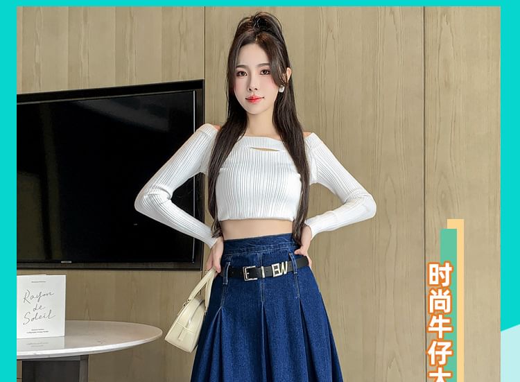 Frigga - Gewassen geplooide maxi-A-lijn denim rok met hoge taille en riem