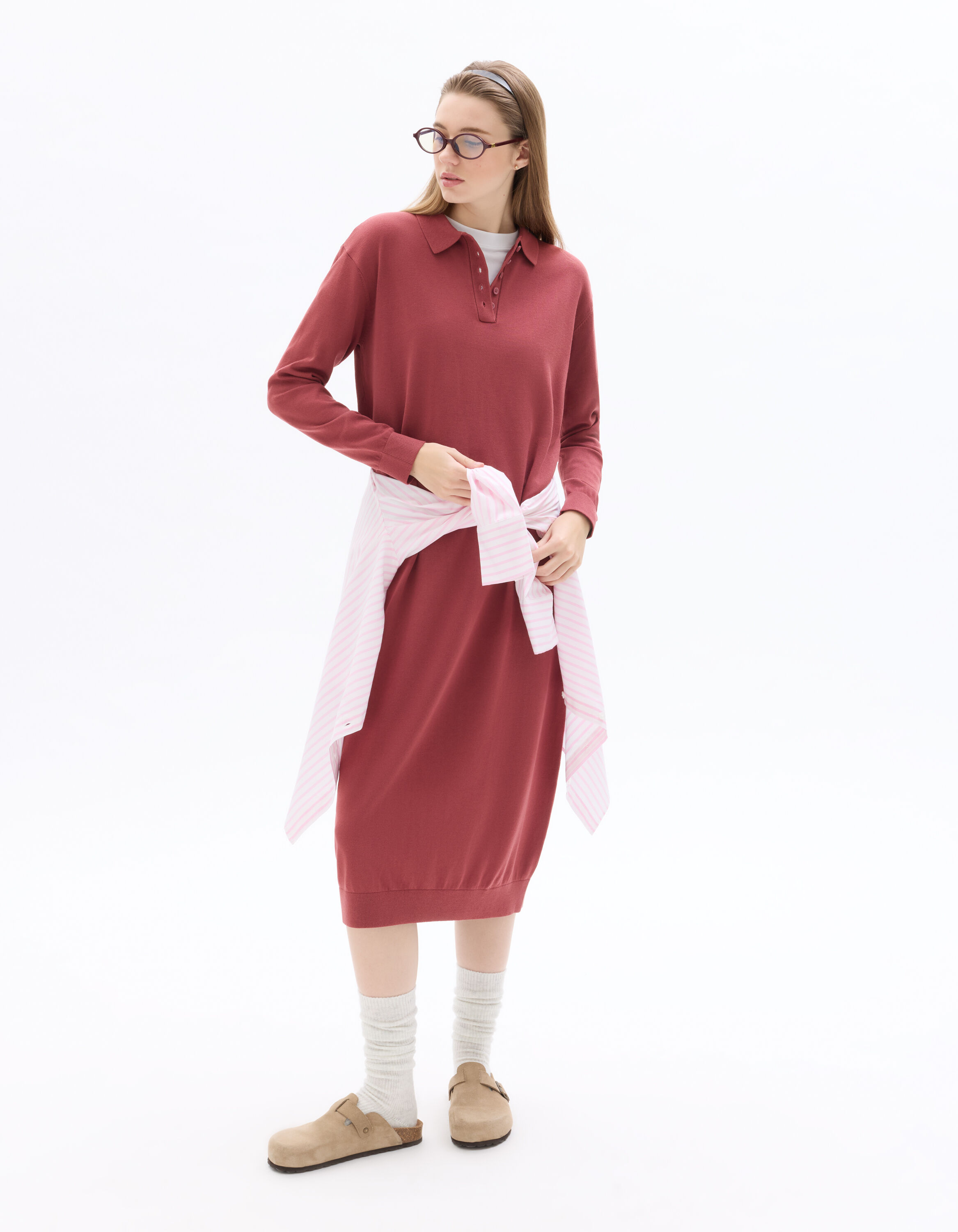 Robe pull col polo manches longues - rose