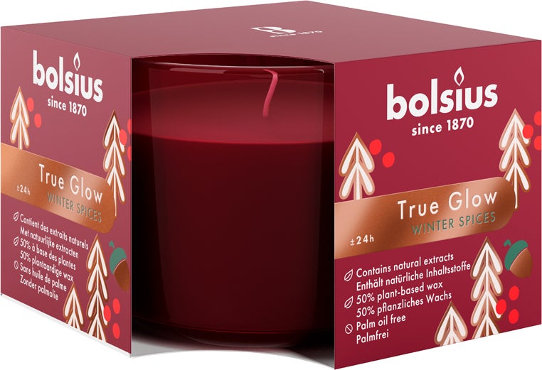 Bolsius geurkaars True Glow Winter Spices rood 24 uur 9,2 x 9,4 x 6,6 cm