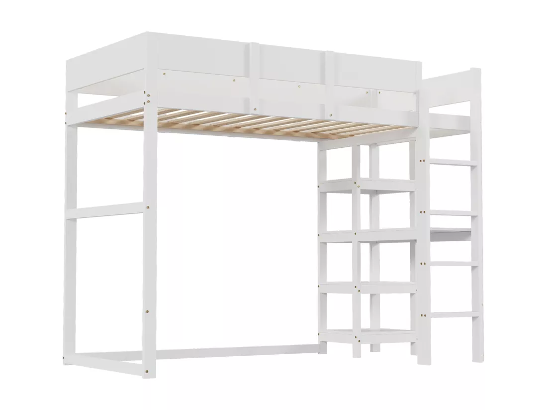 Lit mezzanine enfant 90 x 200 cm, avec étagère de rangement, cadre de lit en pin massif, sommier à lattes, lit pour enfants et adolescents, Blanc