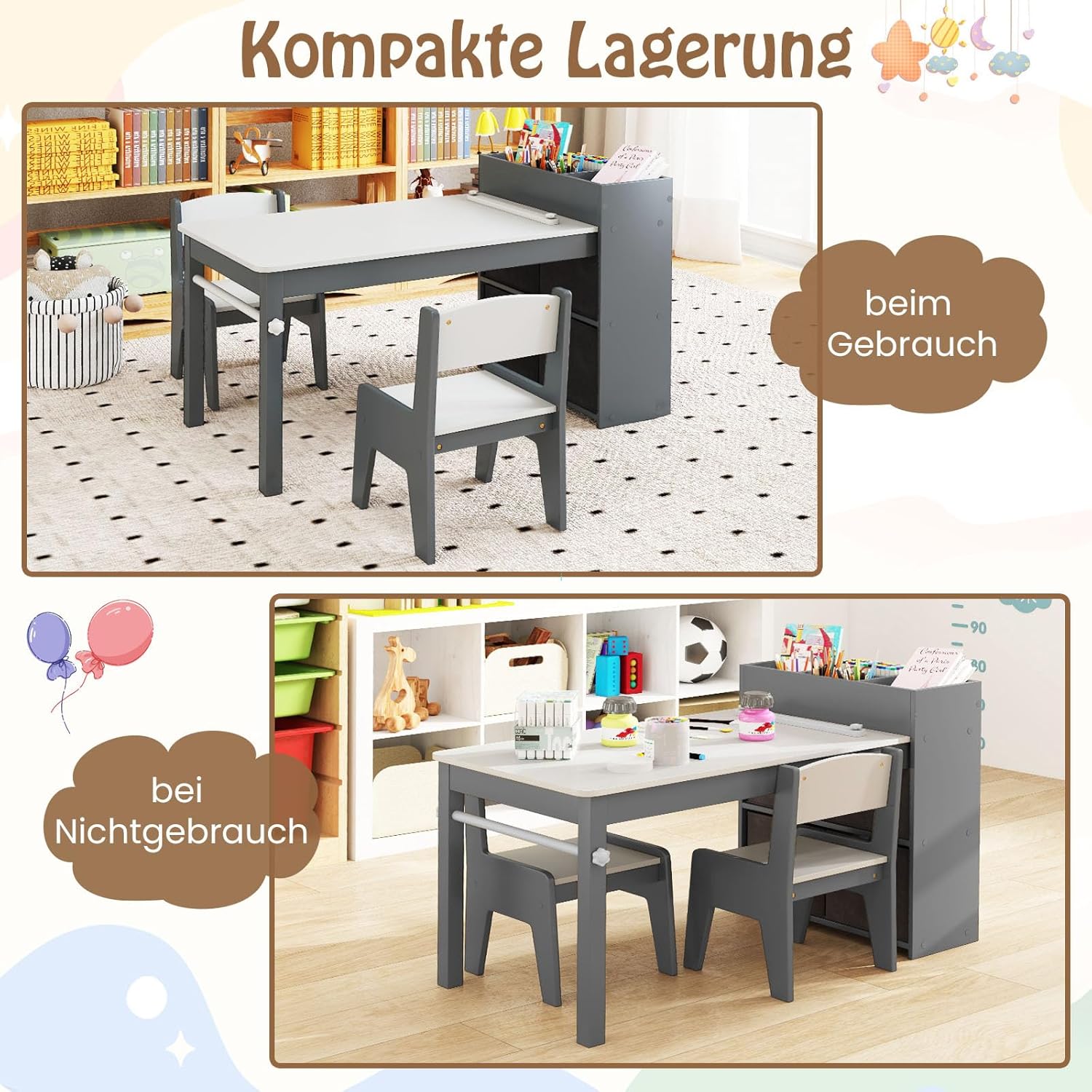 COSTWAY Kindertisch mit 2 Stühlen, 2 in 1 Kindersitzgruppe aus Holz mit Stauraum, Kinder Tisch Stuhl Set mit Papierrollenhalter & 4 Stoffbehältern, Maltisch für Kinder ab 3 Jahren (Grau)