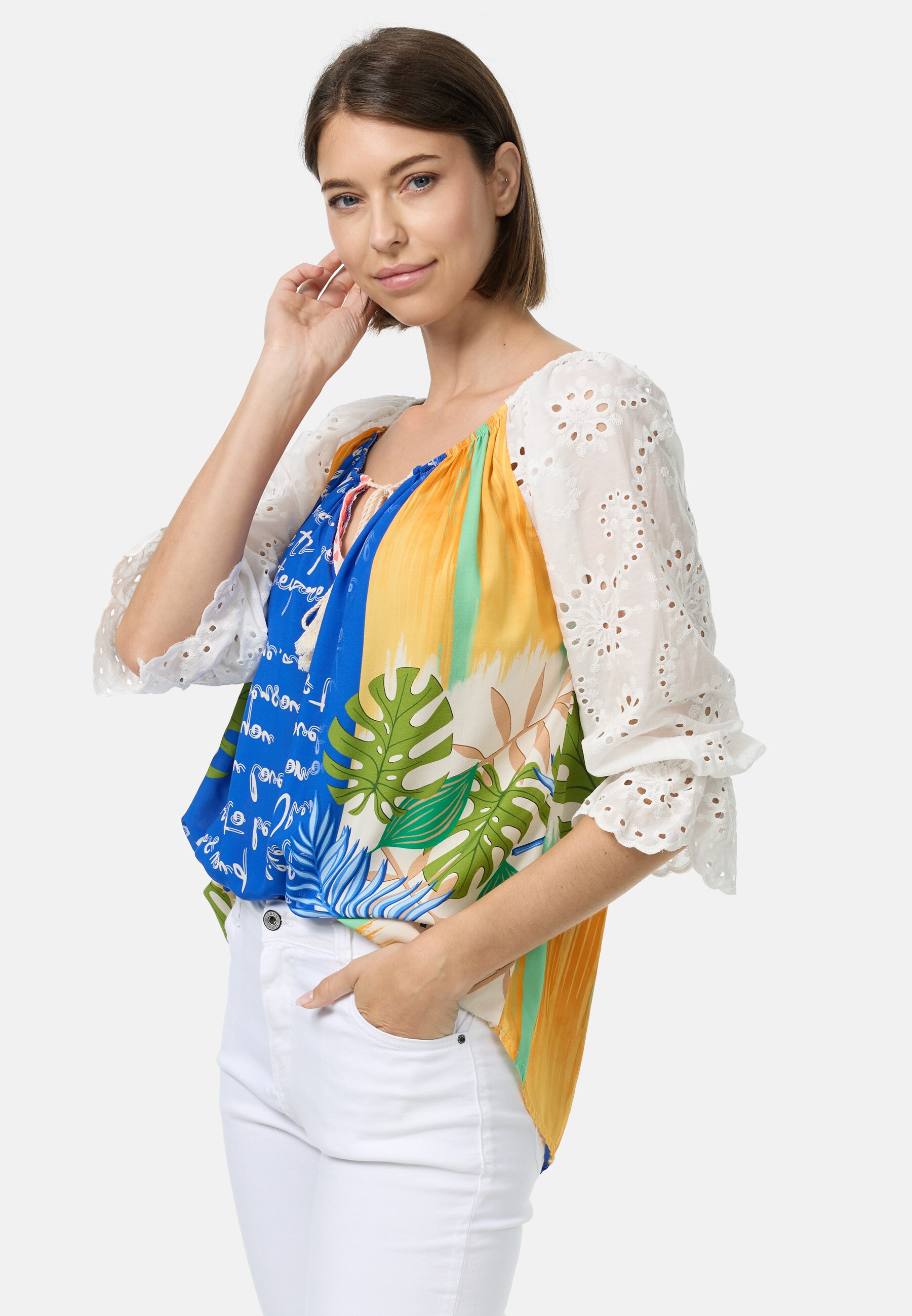 PM SELECTED Damen Romantische Tunika Bluse im Mustermix mit Spitze in Einheitsgröße PM61