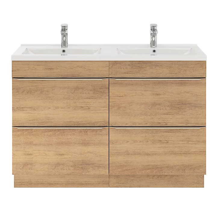 Ensemble salle de bains l.120 cm meuble à poser Imandra décor chêne + plan double vasque céramique blanc