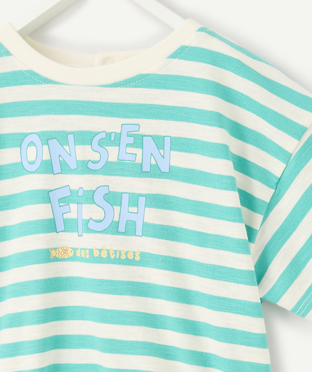body t-shirt manches courtes bébé garçon en coton bio rayé bleu clair et blanc motif poissons