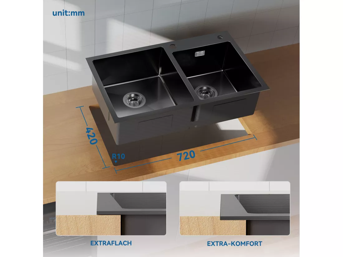 Evier de Cuisine en Inox Évier Double Bac avec 2 Trous de Montage Evier de Cuisine Kit avec Distributeur Savon/ Siphon, 75x45x19cm,Noir