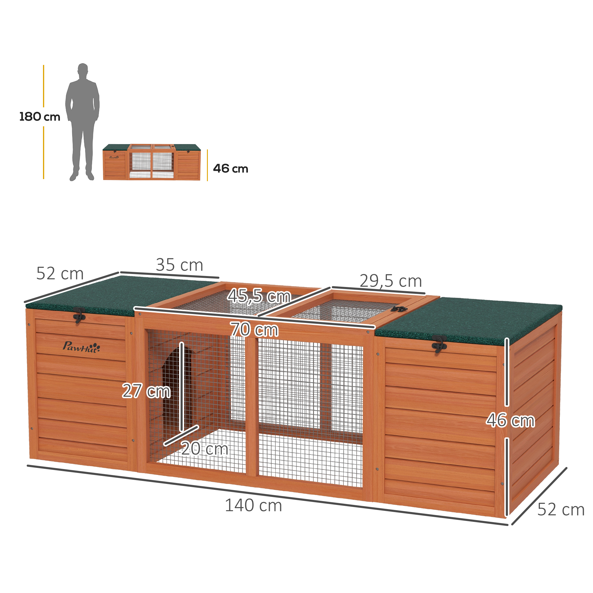 Gaiola de madeira PawHut para coelhos com 2 ninhos, 1 porta superior, área aberta e telhado de asfalto para uso externo, 140x52x46 cm, cor natural.