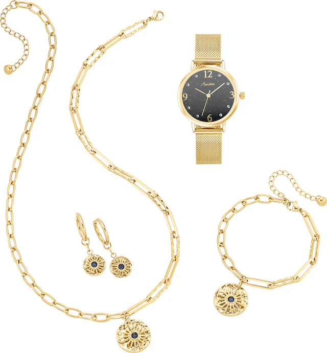Aniston JEWELRY & WATCHES Adventskalender »Kalender 2025 Geschenkset Weihnachten Uhr Halskette Armband Creolen« für Erwachsene Kristallsteine (synth)