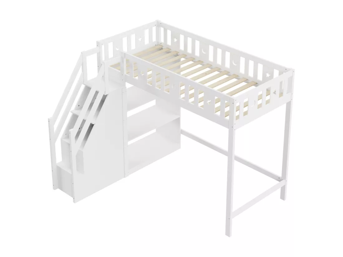 Lit mezzanine 90x200 cm, lit enfant avec avec échelle et étagères de rangement, antichute, structure en bois massif, blanc