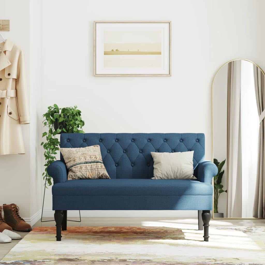 vidaXL Sitzbank, Bank Polsterbank mit Rückenlehne Armlehnen, Bettbank mit Holzbeinen, Flurbank Ottomane für Wohnzimmer Büro, Modern, Blau Stoff