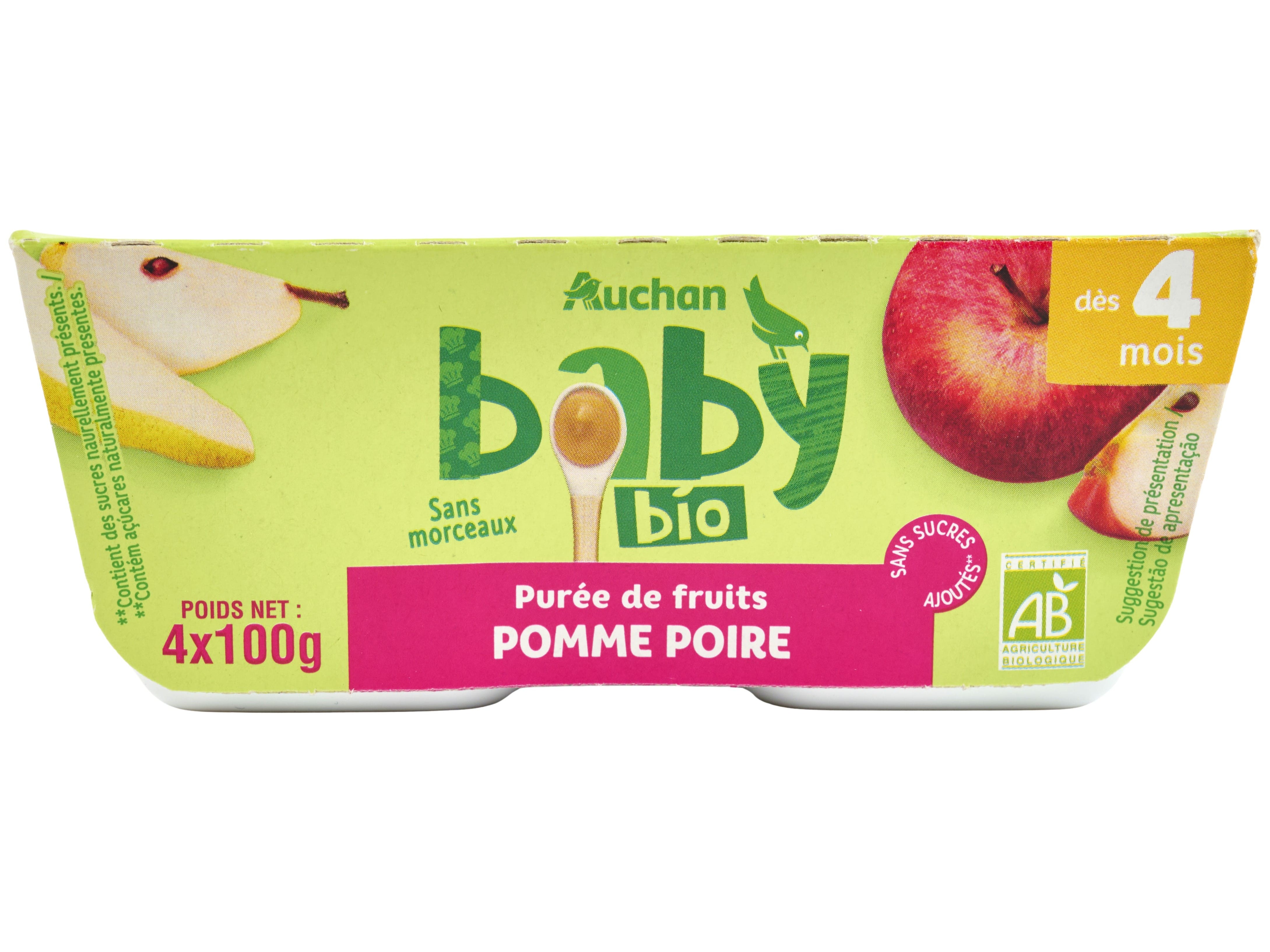 TACINHA FRUTA AUCHAN BABY BIO MAÇÃ E PERA SEM GLÚTEN 4X100G