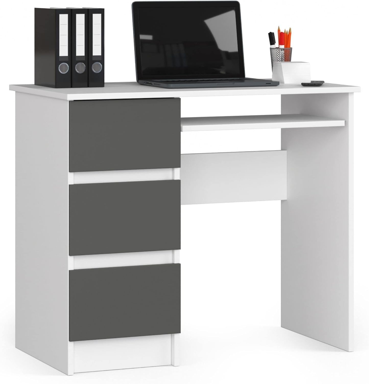 AKORD Schreibtisch A6 90 cm | 3 Schubladen Links | Schreibtisch | Bürotisch | Computertisch | Arbeitstisch | Laptoptisch | Bürmöbel | B90 x H77 x T50 cm | Gewicht 29,95 kg | Weiß/Graphitgrau
