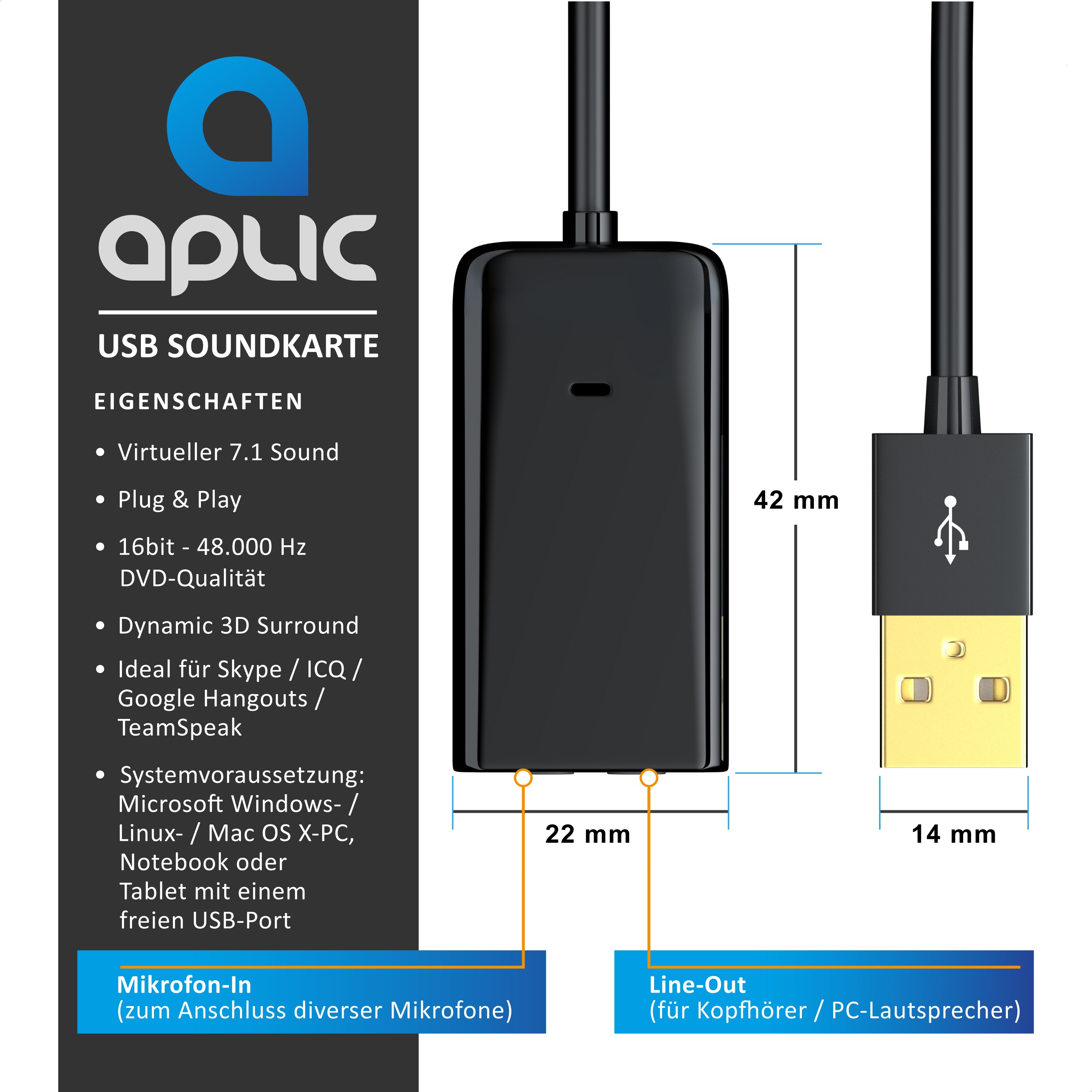 Aplic Soundkarte Virtual 7.1 Surround, USB mini extern, Dynamic 3D Surround, 3,5mm Eingang, 3,5mm Ausgang
