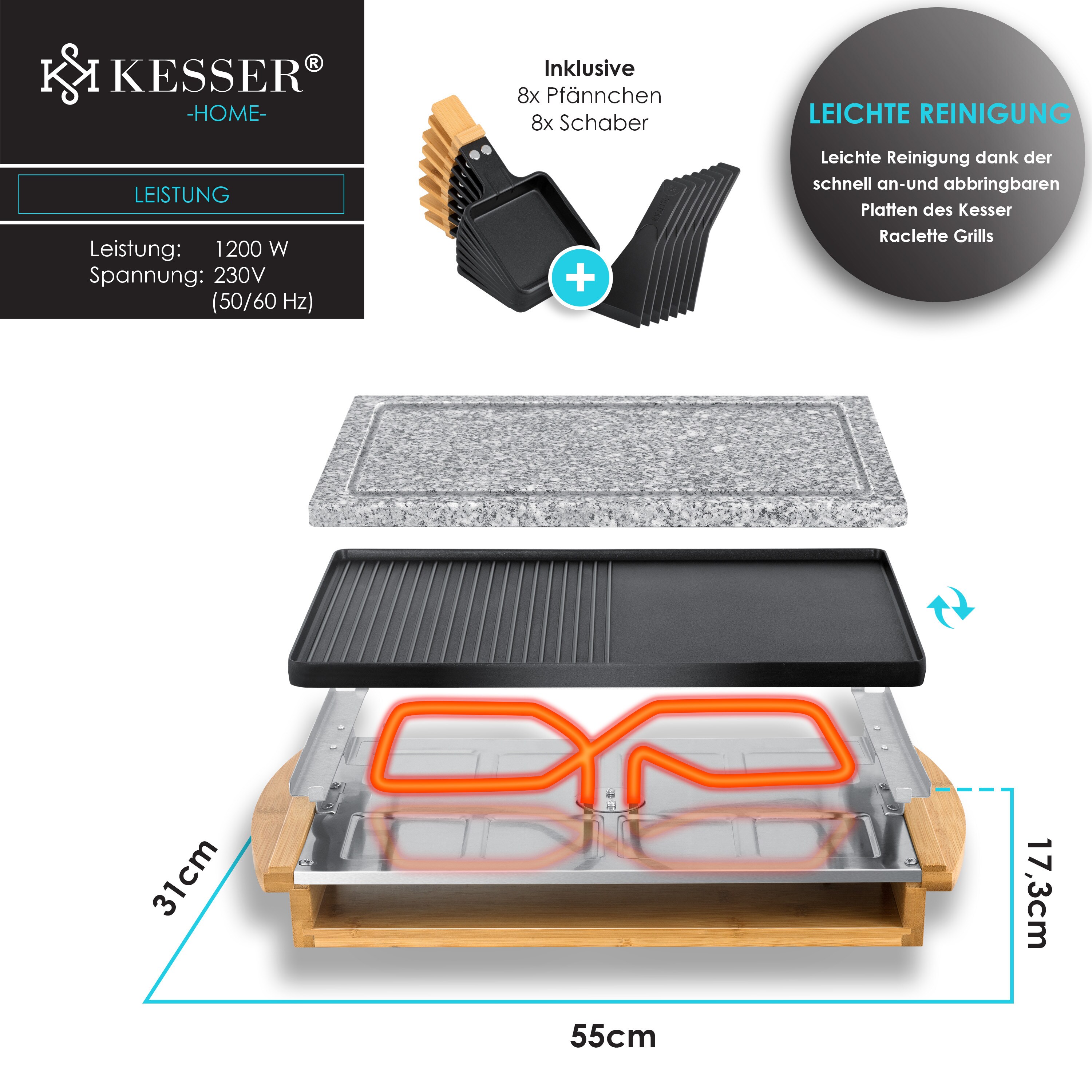 KESSER® Raclette-Grill mit Naturgrillstein, Grillplatte Tischgrill für 8 Personen, Elektrogrill Raclette Grill antihaftbeschichteter Grillplatte, 8 Pfannen und Holzspatel 1200W