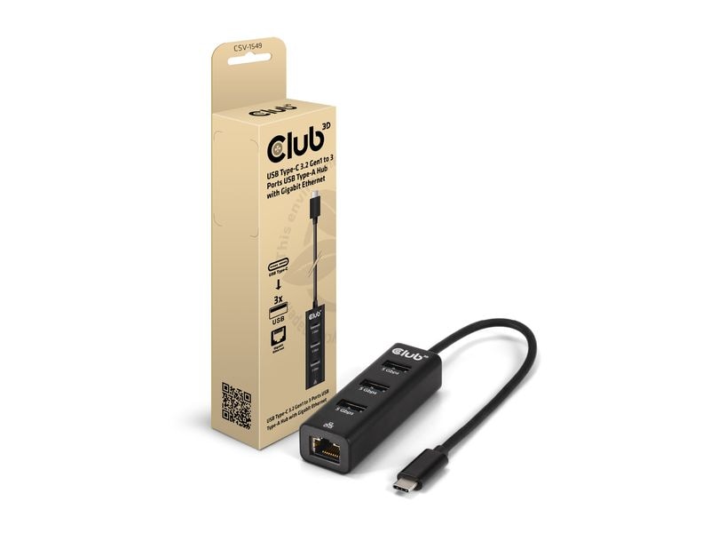 Club 3D USB-Hub CSV-1549 USB Typ-C 3.0 auf 3 Port USB Typ-A Hub mit Gigabit Ethernet